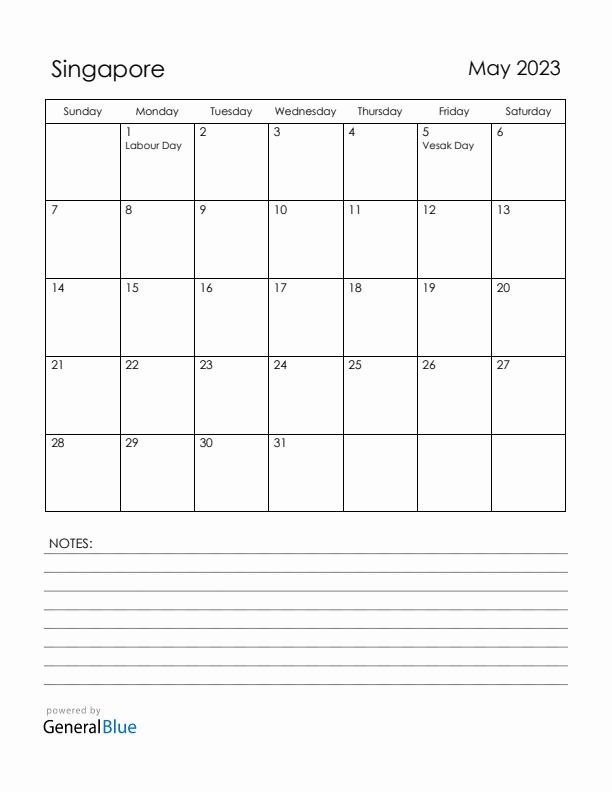 May 2023 Singapore Calendar with Holidays (Sunday Start)