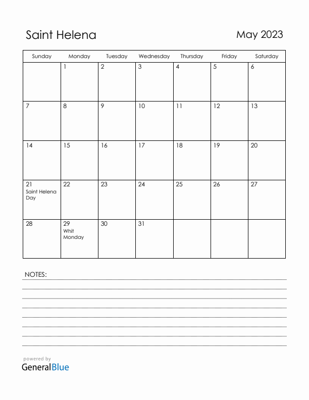 May 2023 Saint Helena Calendar with Holidays (Sunday Start)