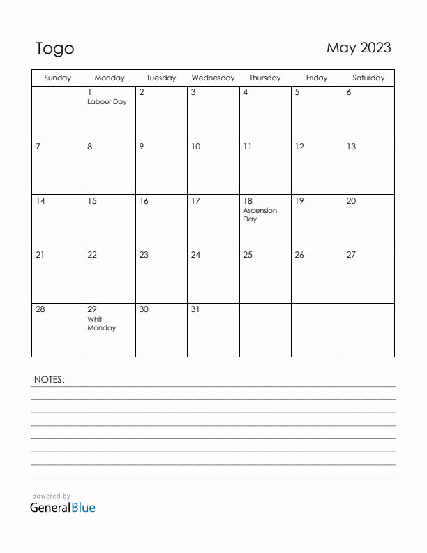 May 2023 Togo Calendar with Holidays (Sunday Start)