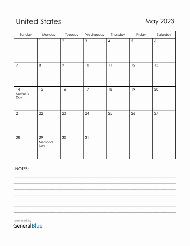 May 2023 United States Calendar with Holidays (Sunday Start)