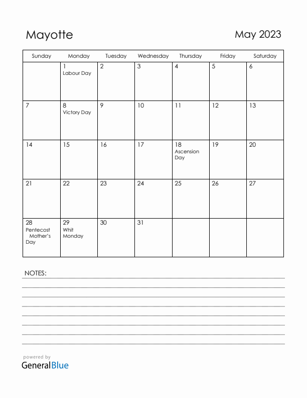 May 2023 Mayotte Calendar with Holidays (Sunday Start)