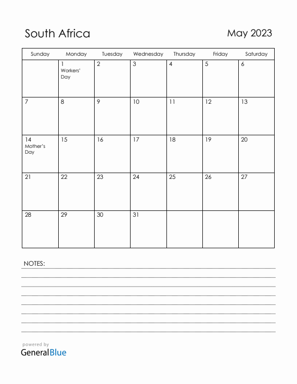 May 2023 South Africa Calendar with Holidays (Sunday Start)