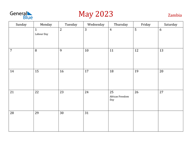 2023 Calendar Zambia May 2023 Calendar With Zambia Holidays