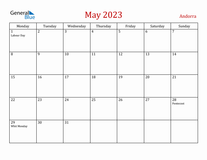 Andorra May 2023 Calendar - Monday Start