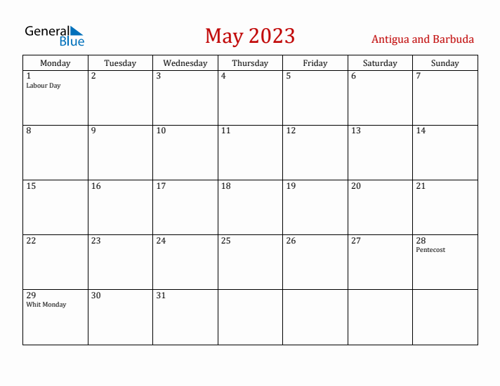 Antigua and Barbuda May 2023 Calendar - Monday Start