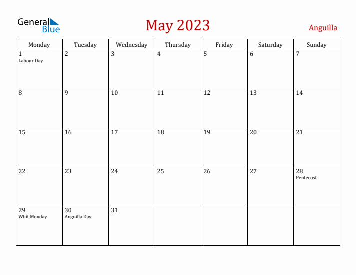 Anguilla May 2023 Calendar - Monday Start