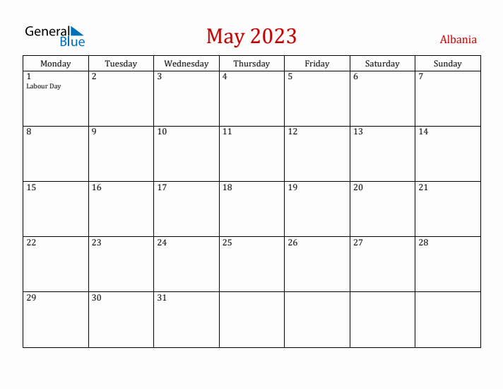 Albania May 2023 Calendar - Monday Start