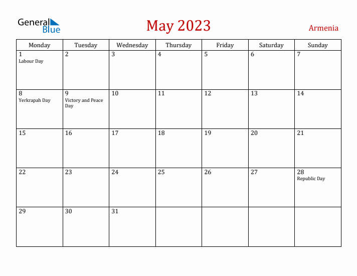 Armenia May 2023 Calendar - Monday Start