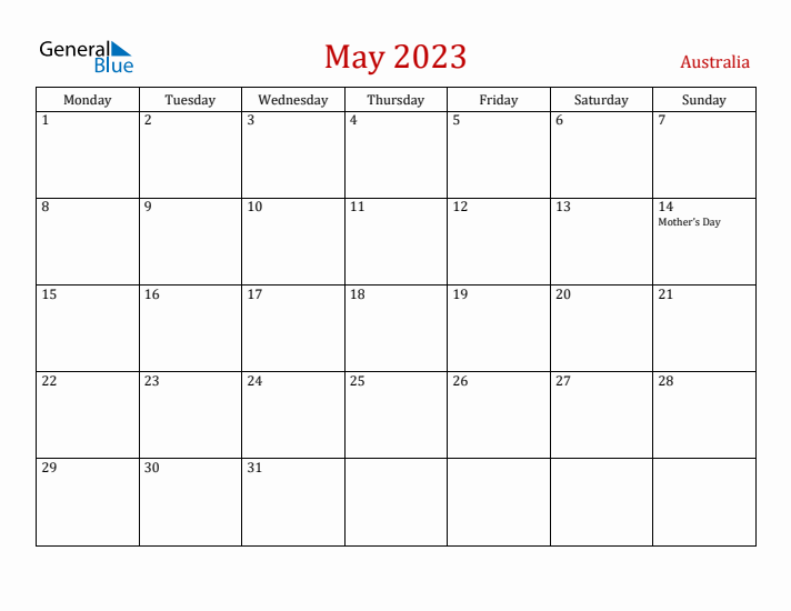 Australia May 2023 Calendar - Monday Start