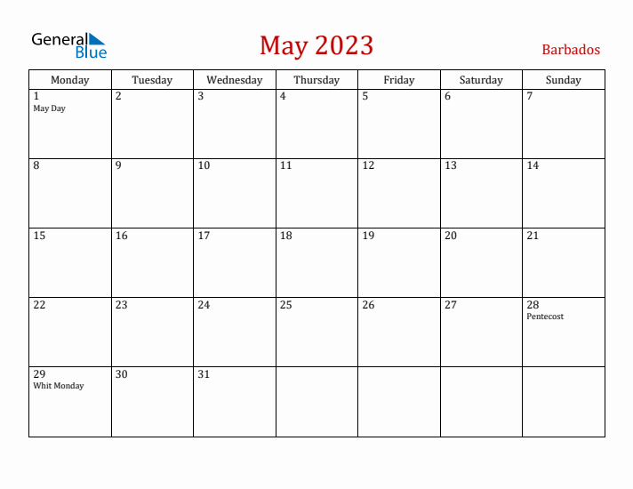 Barbados May 2023 Calendar - Monday Start