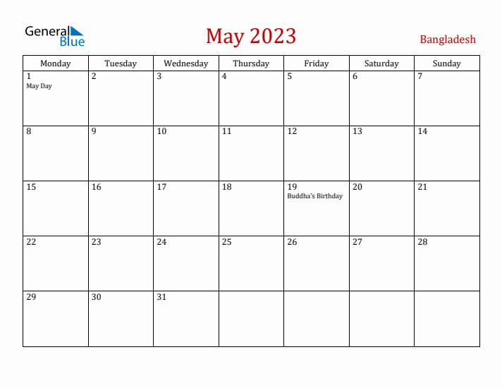Bangladesh May 2023 Calendar - Monday Start