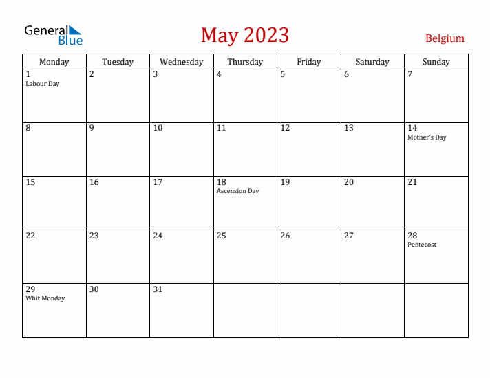 Belgium May 2023 Calendar - Monday Start