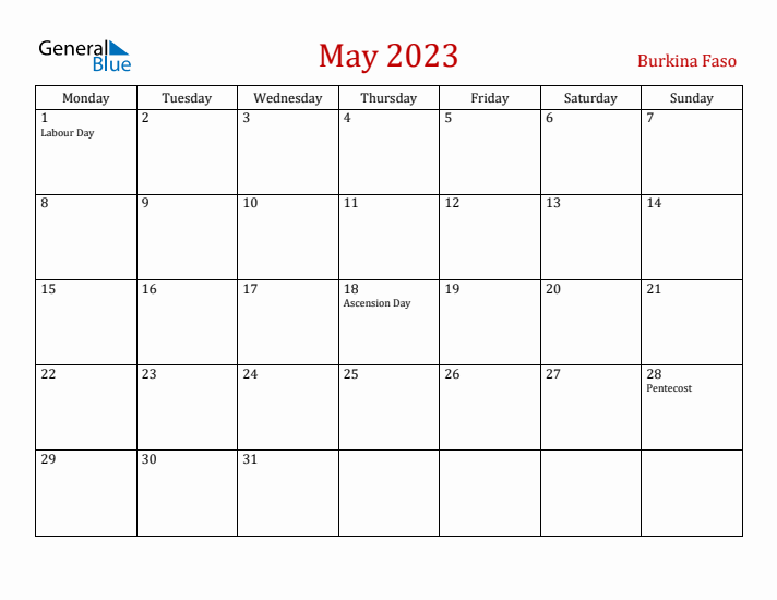 Burkina Faso May 2023 Calendar - Monday Start