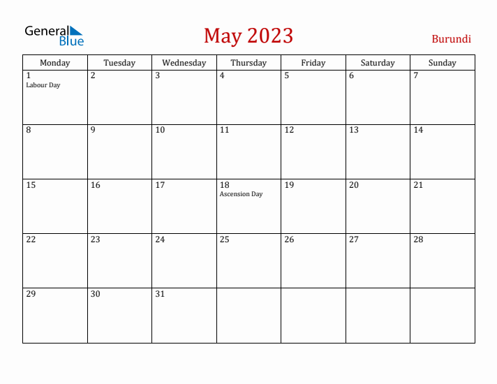 Burundi May 2023 Calendar - Monday Start