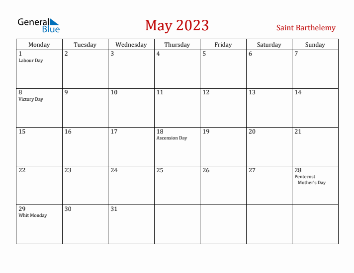 Saint Barthelemy May 2023 Calendar - Monday Start