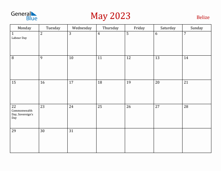 Belize May 2023 Calendar - Monday Start