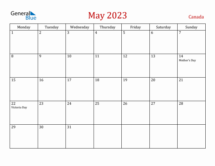 Canada May 2023 Calendar - Monday Start