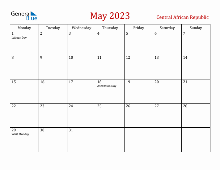 Central African Republic May 2023 Calendar - Monday Start