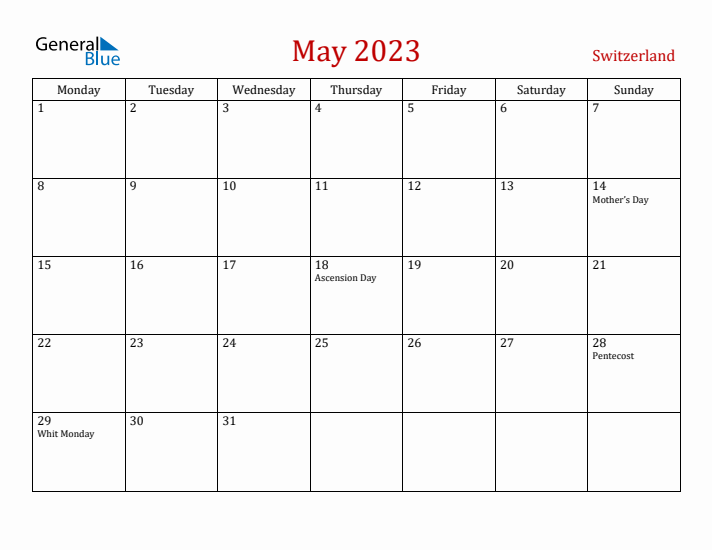 Switzerland May 2023 Calendar - Monday Start