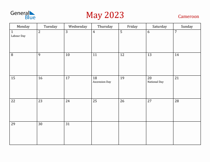 Cameroon May 2023 Calendar - Monday Start