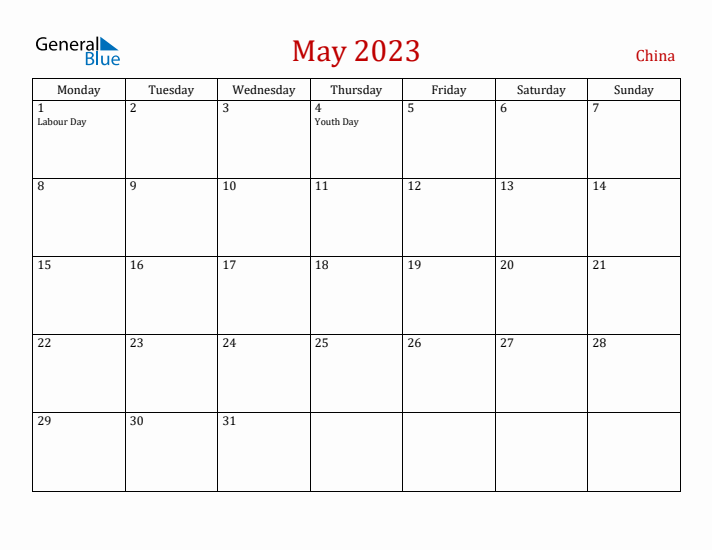 China May 2023 Calendar - Monday Start