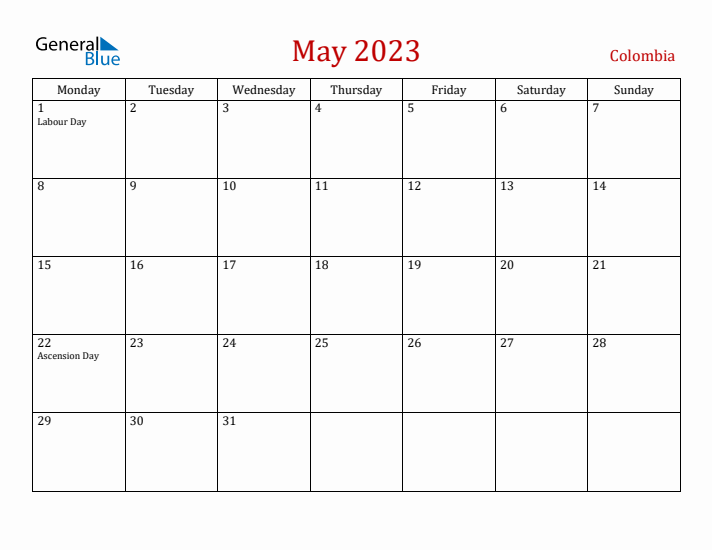 Colombia May 2023 Calendar - Monday Start