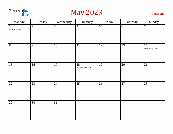 Curacao May 2023 Calendar - Monday Start