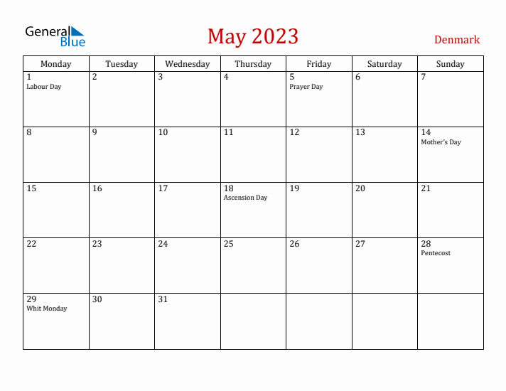 Denmark May 2023 Calendar - Monday Start