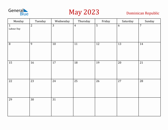 Dominican Republic May 2023 Calendar - Monday Start