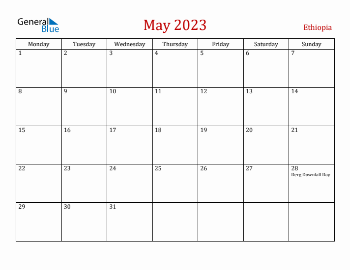 Ethiopia May 2023 Calendar - Monday Start