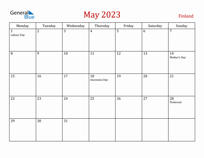 Finland May 2023 Calendar - Monday Start
