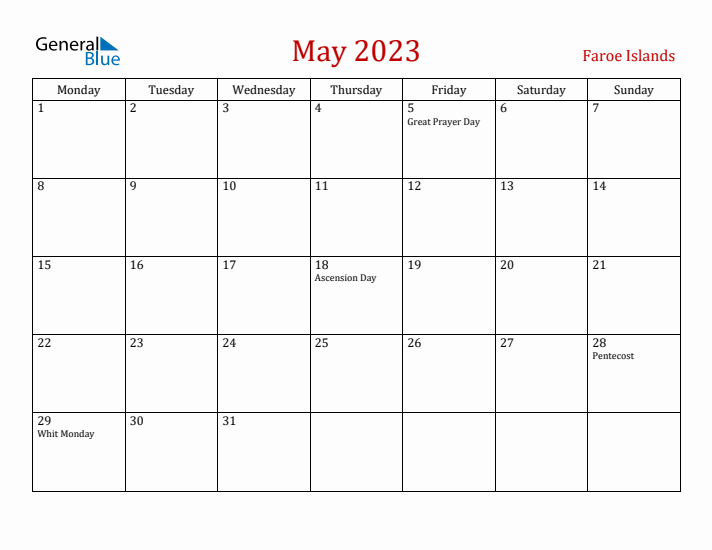 Faroe Islands May 2023 Calendar - Monday Start