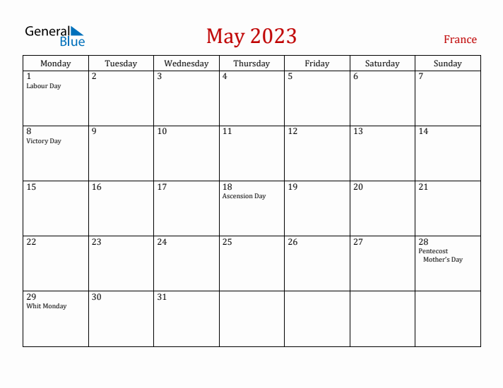 France May 2023 Calendar - Monday Start