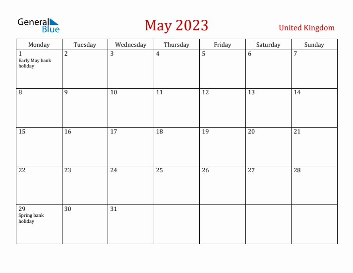 United Kingdom May 2023 Calendar - Monday Start