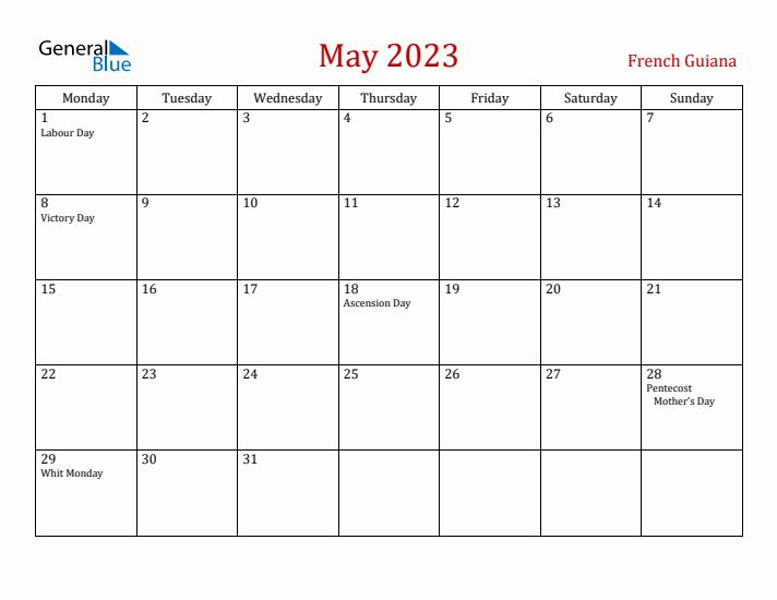 French Guiana May 2023 Calendar - Monday Start