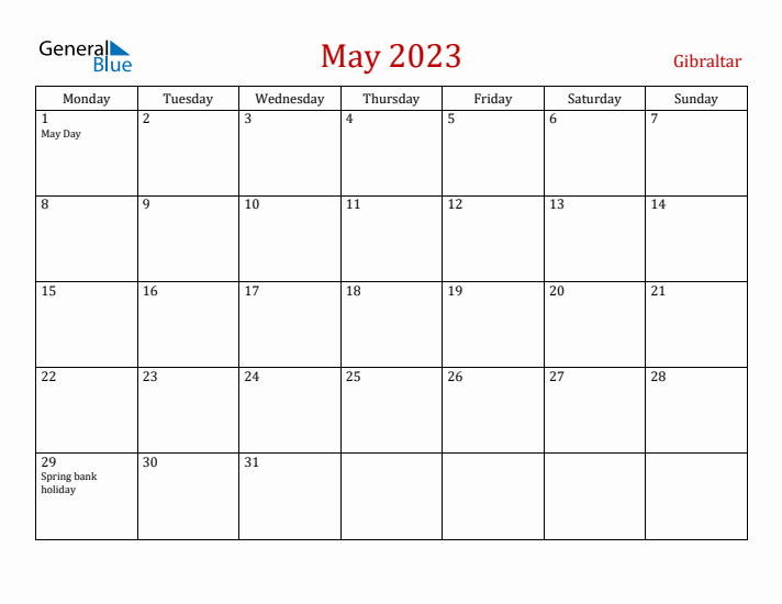Gibraltar May 2023 Calendar - Monday Start