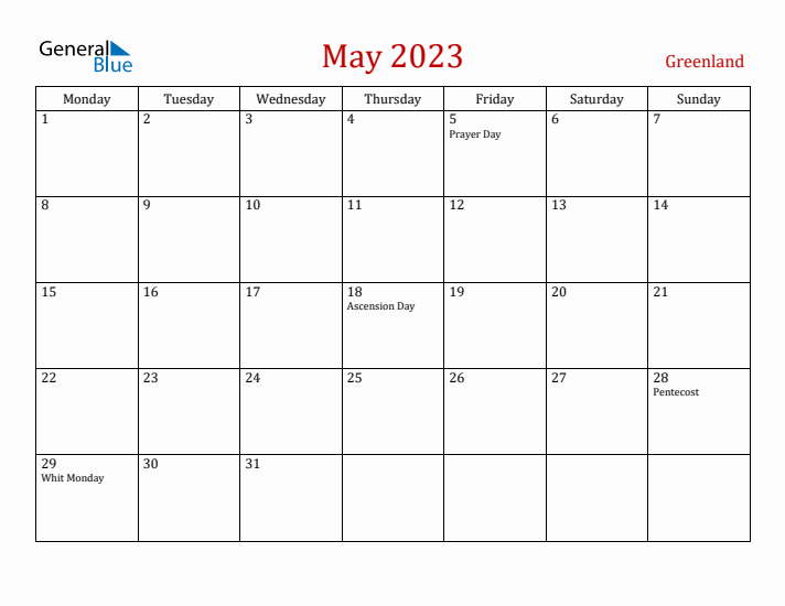 Greenland May 2023 Calendar - Monday Start