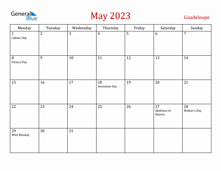 Guadeloupe May 2023 Calendar - Monday Start