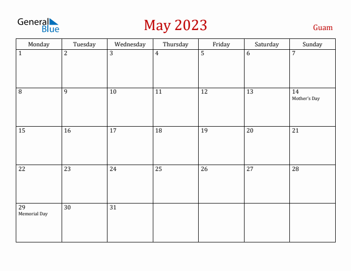 Guam May 2023 Calendar - Monday Start