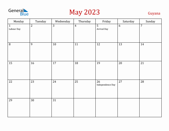 Guyana May 2023 Calendar - Monday Start