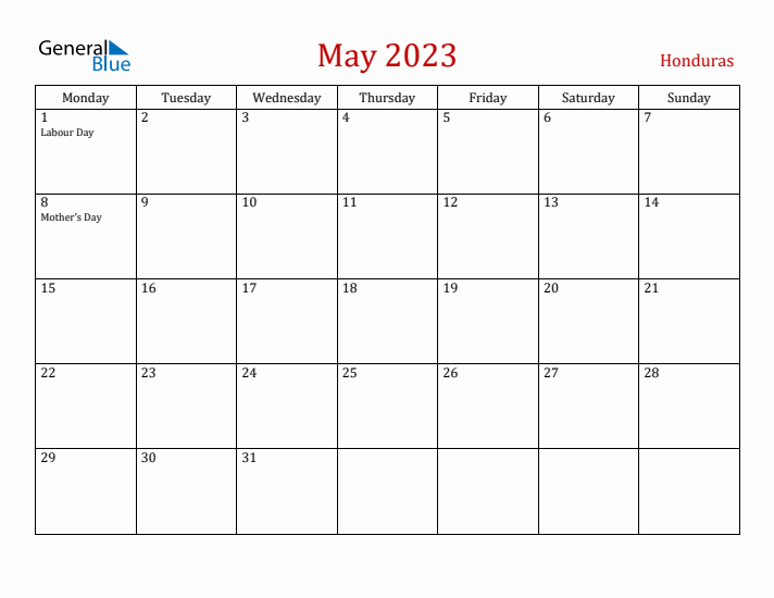 Honduras May 2023 Calendar - Monday Start