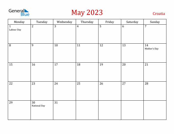 Croatia May 2023 Calendar - Monday Start