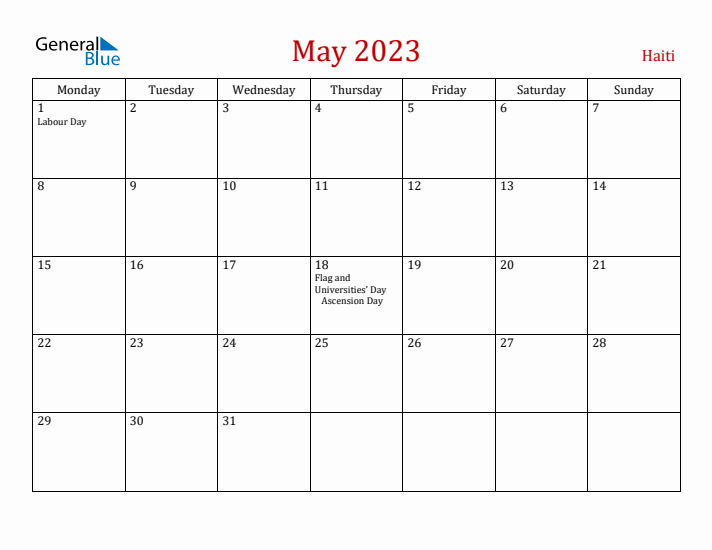 Haiti May 2023 Calendar - Monday Start