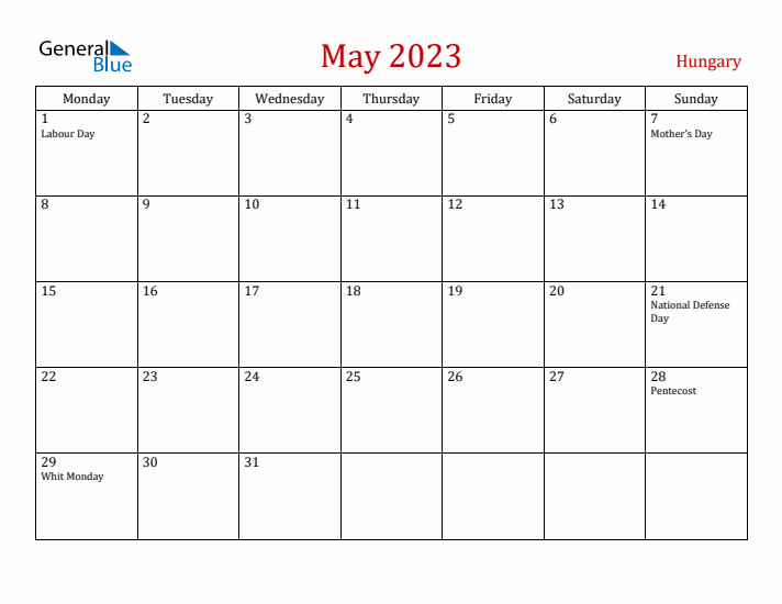Hungary May 2023 Calendar - Monday Start