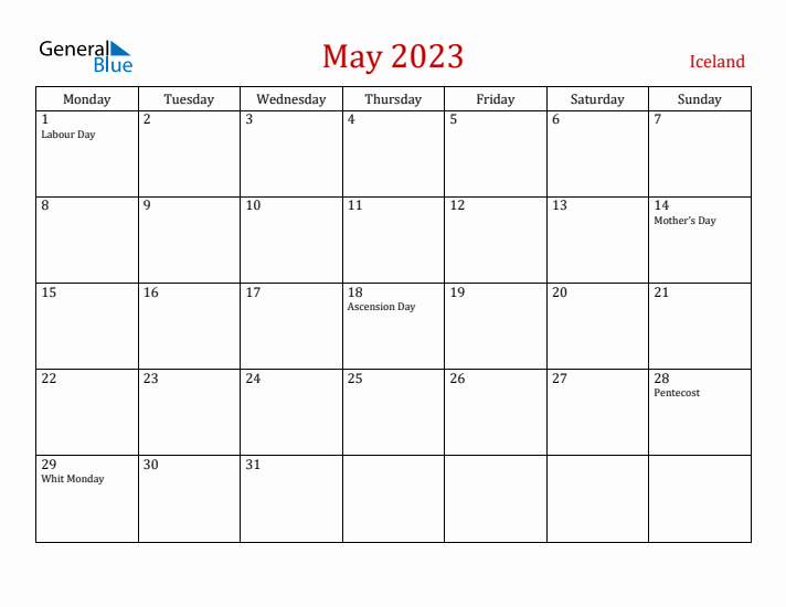 Iceland May 2023 Calendar - Monday Start