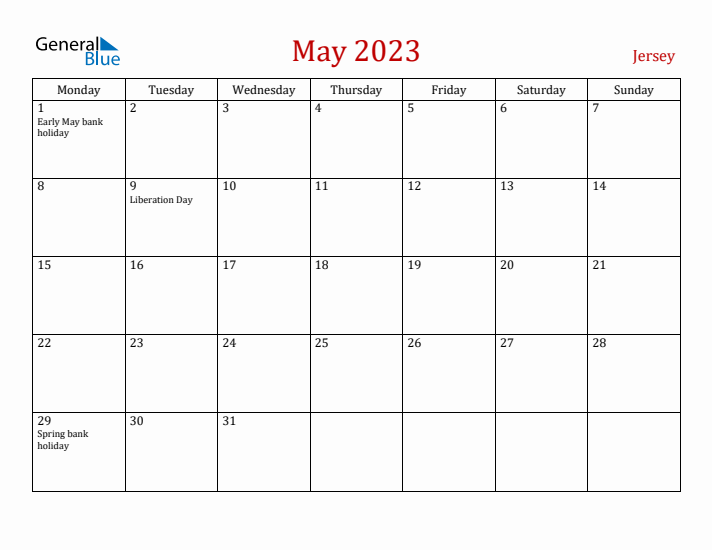 Jersey May 2023 Calendar - Monday Start