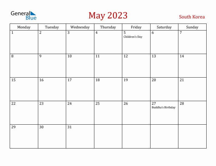 South Korea May 2023 Calendar - Monday Start