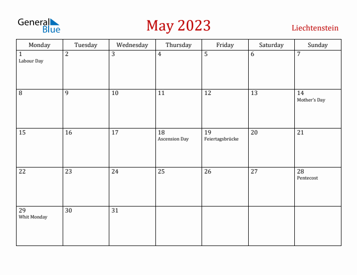Liechtenstein May 2023 Calendar - Monday Start