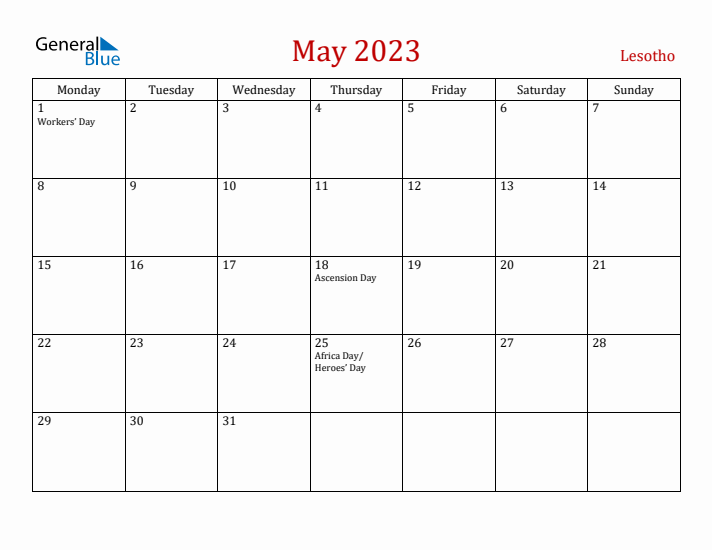 Lesotho May 2023 Calendar - Monday Start