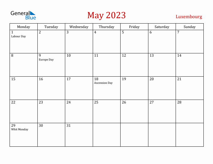 Luxembourg May 2023 Calendar - Monday Start